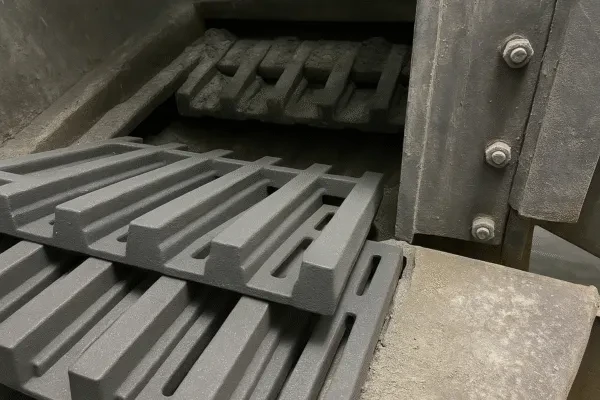 Module of grate bars inside a waste-to-energy incinerator with staged air distribution.