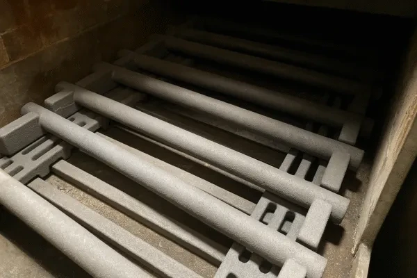 Heat-resistant conveyor sections using grate-style bars for parts handling through furnaces.