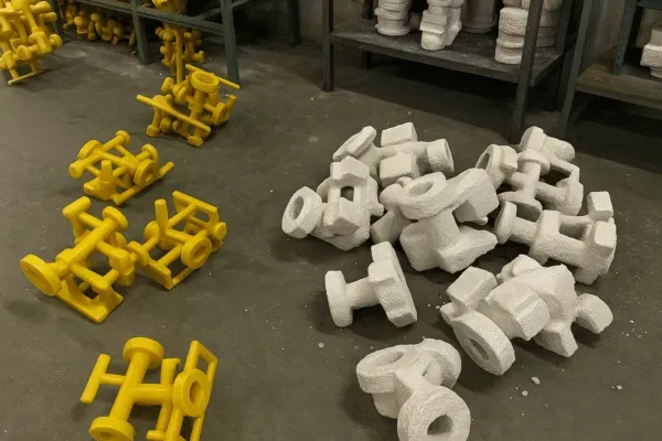 Yellow and white coated valve body castings staged on the foundry floor for drying, handling, and finishing.