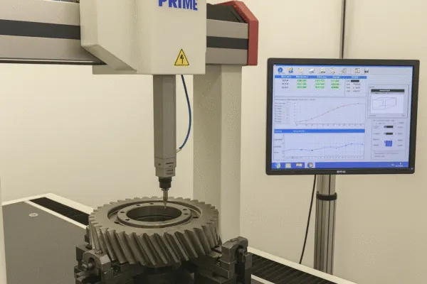 Coordinate measuring machine (CMM) inspecting a precision helical gear with a probe, showing measurement charts for quality control.
