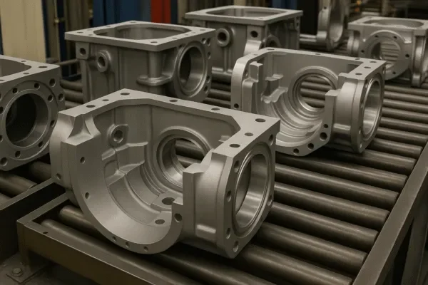 CNC machined aluminum gearbox housings on a roller conveyor in a precision manufacturing line.