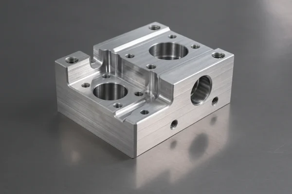 Precision-machined aluminum CNC part with complex features and threaded holes on a reflective gray surface.