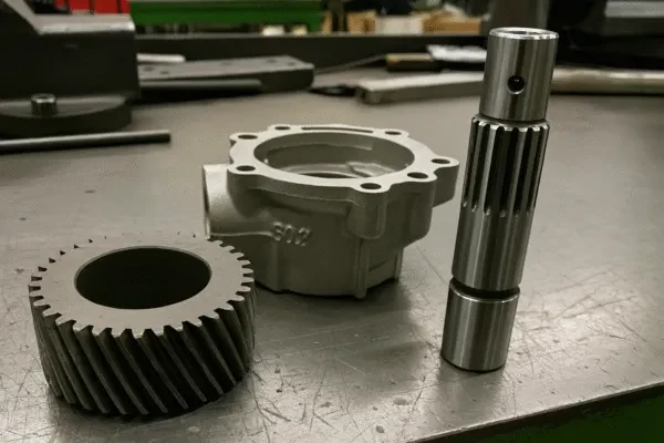 CNC-machined steel helical gear and splined shaft beside an aluminum housing on a workshop table