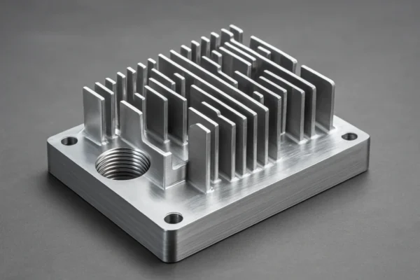 CNC-milled aluminum heat sink with precision fins and threaded hole on a gray background.