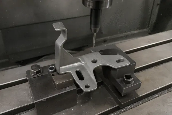 CNC touch probe inspecting a stamped metal bracket on a machining fixture for dimensional quality control
