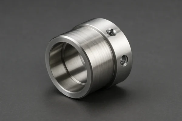 CNC-turned stainless steel cylindrical part with threaded holes and a polished surface on a dark background.