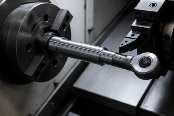 CNC lathe machine precisely machining a piston rod with a cutting tool engaged on the shaft.