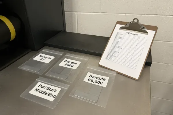 CTQ checklist and labeled sample set used for metal stamping quality inspection and production run tracking