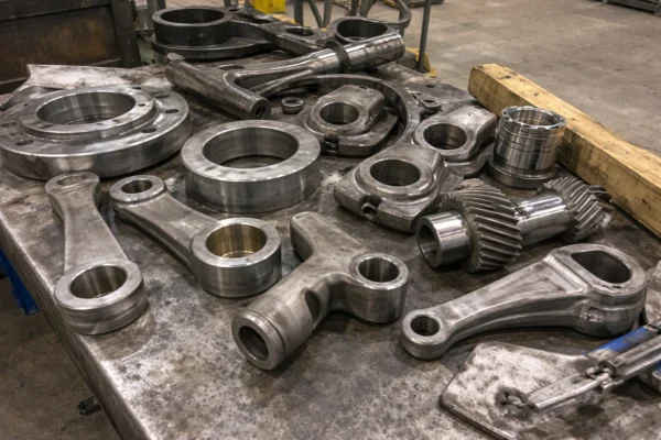 Custom forged parts overview: multiple forged blanks prepared for machining and inspection