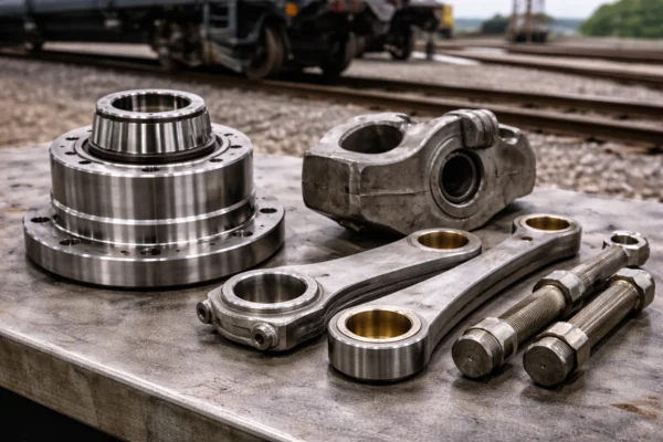 Forged transportation component where crack-risk control and repeatability are required