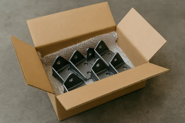 Cardboard box containing metal welded brackets with bubble wrap for protective packaging.
