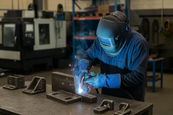 Welder using precision equipment to fabricate custom metal parts in a factory workshop.