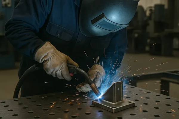 Welder performing MIG welding on a metal bracket in an industrial workshop.