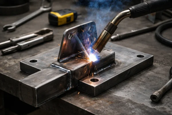 MIG-welded steel part with rippled weld bead and a machined hole.