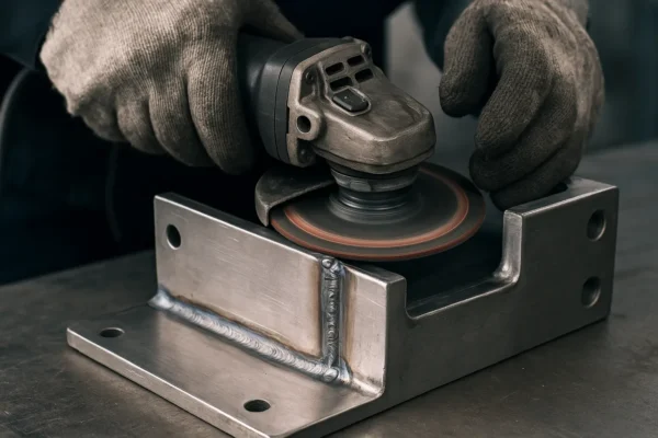 A worker uses an angle grinder to polish the surface of a welded metal component in an industrial workshop.