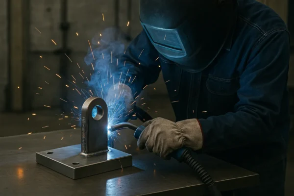 Welder fabricating a metal bracket in an industrial workshop with visible welding sparks.