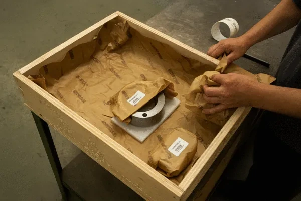 Custom metal parts being packed in a wooden export crate with protective paper wrap and product labels.