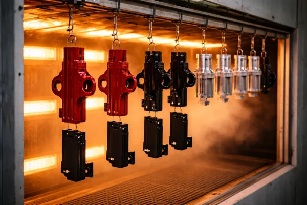 High-resolution photograph of an automated spray painting line with a curing oven, showing freshly painted panels on a conveyor system.
