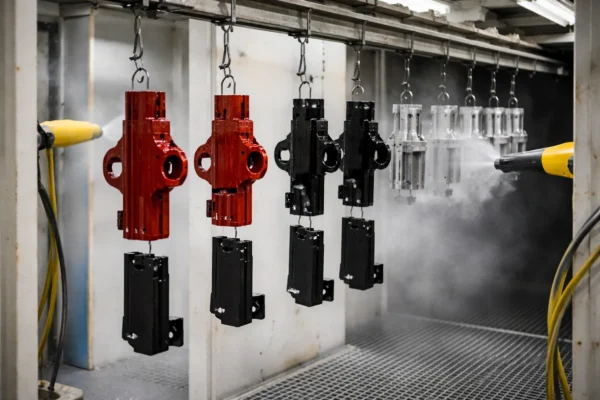 High-resolution image of an industrial powder coating booth with a yellow spray gun applying green powder to suspended metal panels, showing even coverage and clean booth interior.
