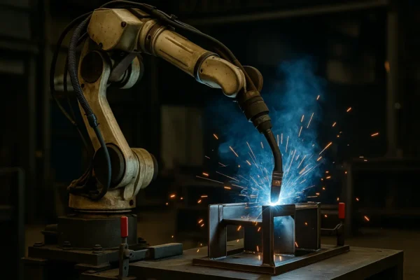 Robotic welding arm performing automated welds on a metal assembly in a high-tech industrial workshop.