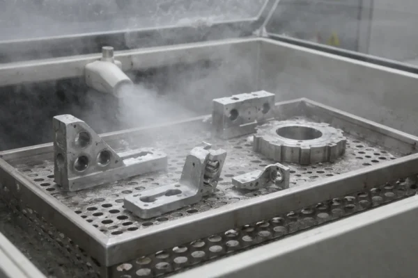 High-resolution close-up of various custom metal components undergoing surface treatment, including a T-shaped bracket being sandblasted, surrounded by gear-like and machined parts on a grid worktable.
