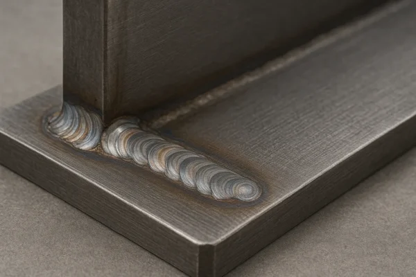 Close-up of a welded steel joint showing uniform bead patterns and heat discoloration.