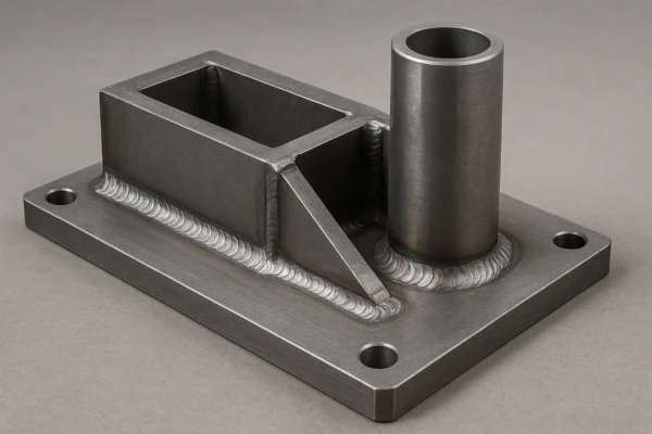Custom welded metal assembly with clean bead welds and machined holes.