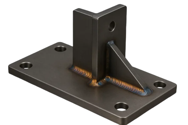 Welded steel bracket mounted on a flat base plate with colorful welds and chamfered holes.