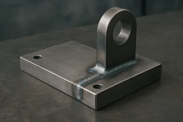Welded metal bracket with precision welds on a dark industrial surface.
