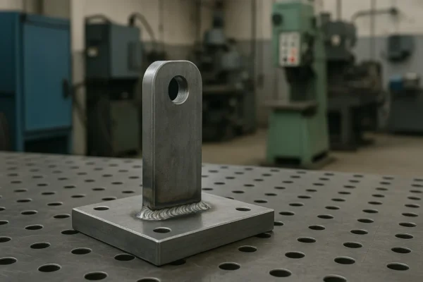 Welded metal bracket placed on a perforated workbench in a machine-filled industrial workshop.