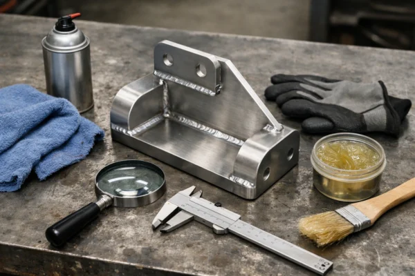 Post-weld surface treatment on a metal part using various tools and inspection methods.