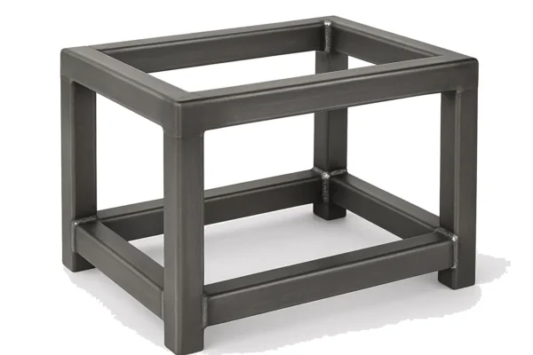 Welded structural steel frame made from square tubes with visible weld joints and a matte black finish.