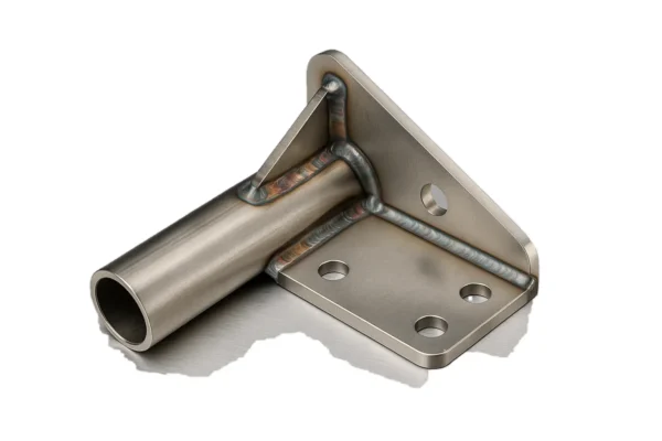 Stainless steel welded bracket with round tube and precision welds, mounted on a brushed metal background.