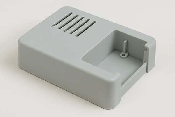 Custom injection molded plastic enclosure with vent slots and mounting features on a light background.