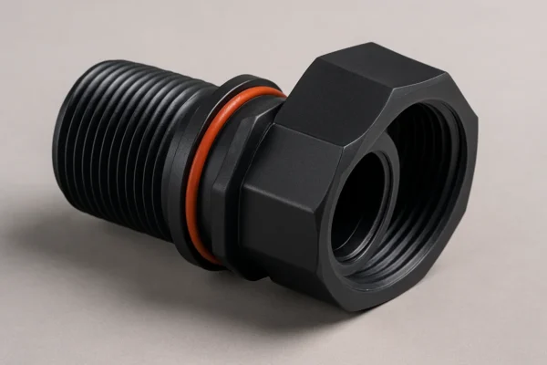 Precision plastic pipe fitting with threaded end and O-ring groove.