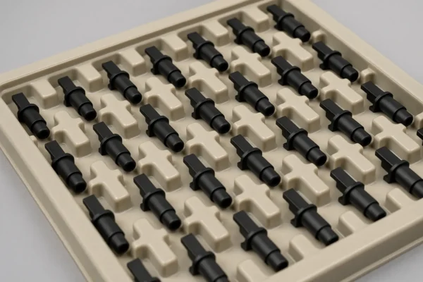 Small identical plastic components produced from a multi-cavity mold on a tray.