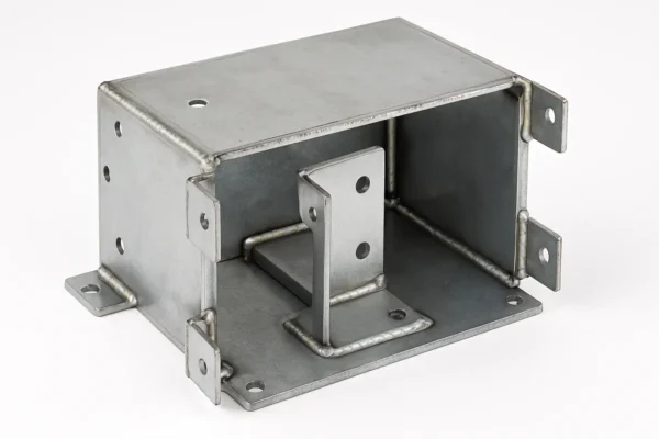 Welded sheet metal enclosure with clean fillet welds and mounting holes, shown from an elevated angle.