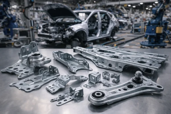 Stamped automotive bracket and sheet metal components for structural and mounting applications