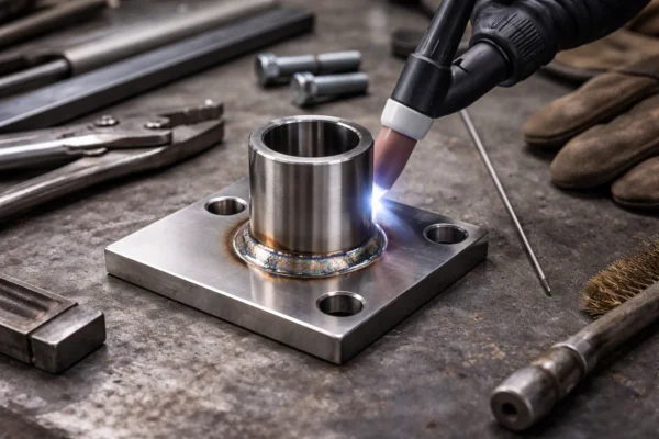 TIG-welded stainless steel pipe assembly with precision weld beads and flange.