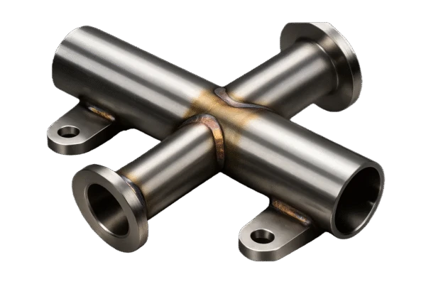 Welded stainless steel pipe assembly in a T-configuration with smooth welds and iridescent heat marks.