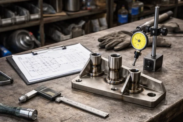 Inspection of a welded part including visual checks and ultrasonic testing on a workbench.