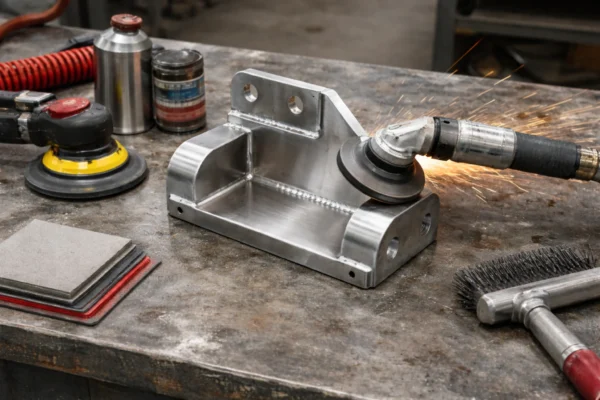 Custom welded stainless bracket after grinding and polishing for surface finishing.