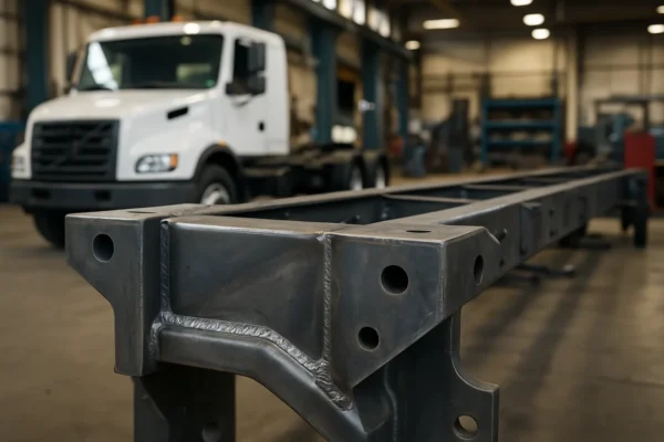 Custom welded truck chassis component with visible weld seams in a vehicle assembly workshop