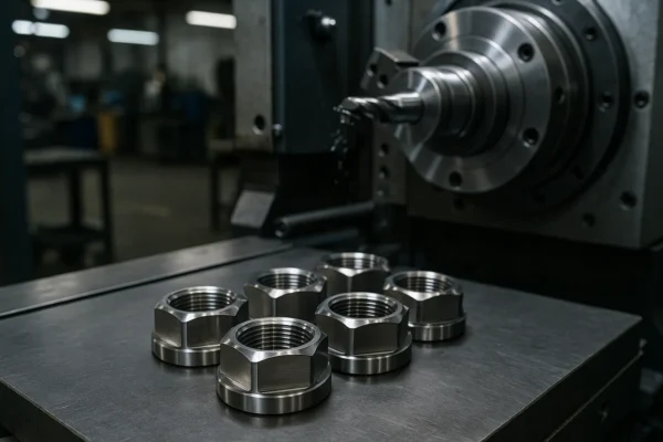 Precision-machined gland locknuts on a metal table in front of a CNC lathe in a factory setting.