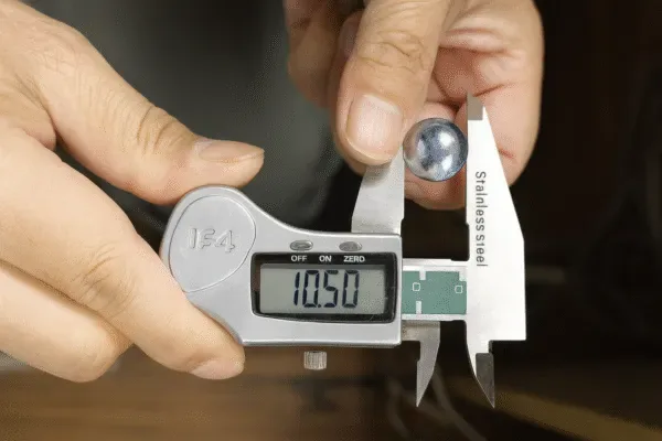 High-resolution image of a digital caliper measuring the diameter of a polished metal ball, with the LCD display showing 10.50 mm.