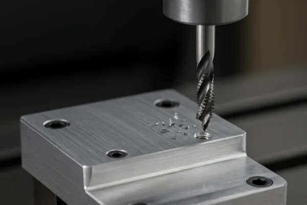 CNC machine tapping threads into an aluminum part using a spiral flute tap, with visible metal chips on the workpiece surface.