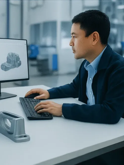 Engineer reviewing CAD and CTQ dimensions for stamping part development