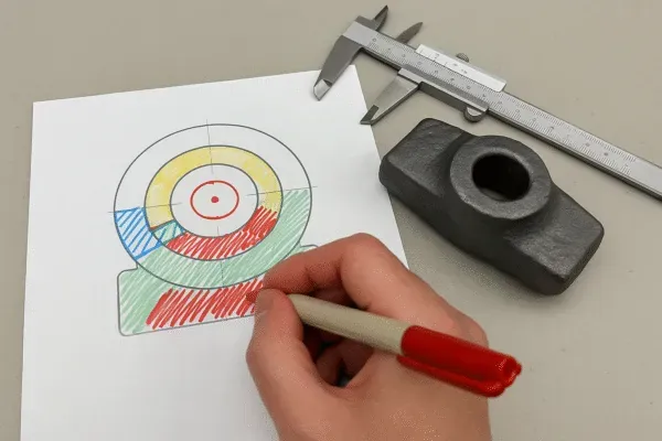 Engineer sketching a cross-section tolerance map beside a forged steel part and caliper for custom component design review