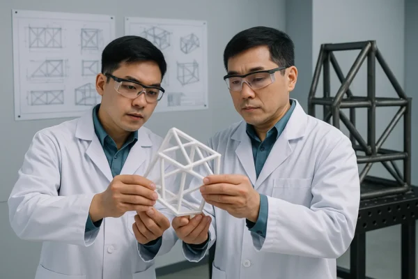 PRIME welding engineers examining a structural frame model in a lab.