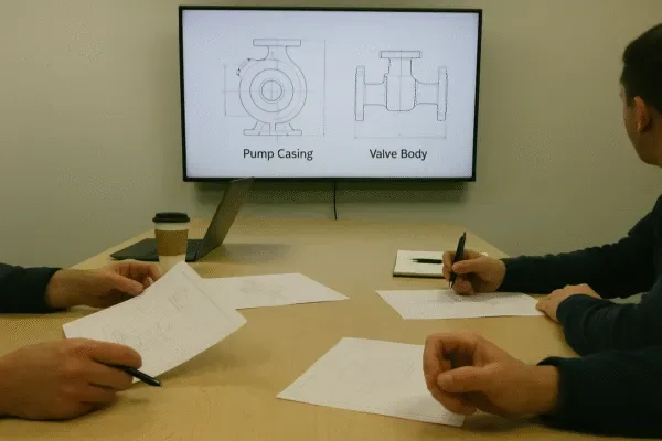 Engineers reviewing pump casing and valve body technical drawings during a design and manufacturing discussion meeting.